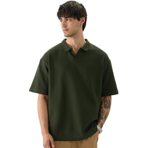 The Souled Store Solids Dark Olive Green Men And Boys Short Sleeves Collared Neck Textured Cotton Blend Oversized Polos