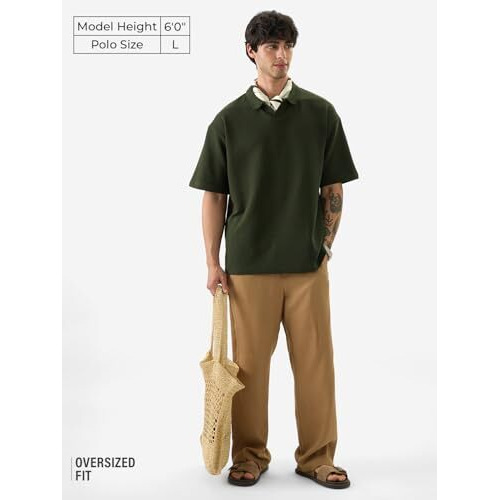 The Souled Store Solids Dark Olive Green Men And Boys Short Sleeves Collared Neck Textured Cotton Blend Oversized Polos