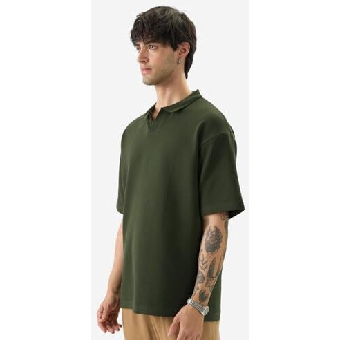 The Souled Store Solids Dark Olive Green Men And Boys Short Sleeves Collared Neck Textured Cotton Blend Oversized Polos