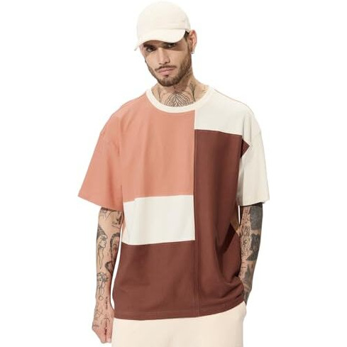 The Souled Store Colorblock Originals Canyon Hues Oversized T-Shirt For Men Boys Cotton Casual Half Sleeves Baggy Loose Fit Drop Shoulder Round Neck