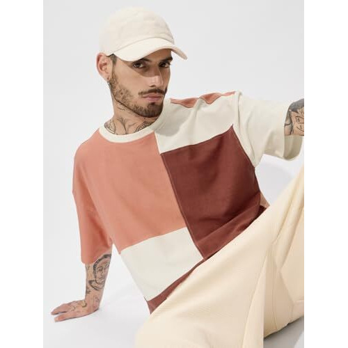 The Souled Store Colorblock Originals Canyon Hues Oversized T-Shirt For Men Boys Cotton Casual Half Sleeves Baggy Loose Fit Drop Shoulder Round Neck