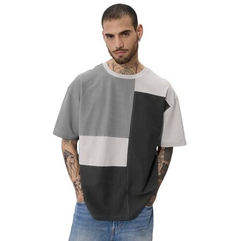 The Souled Store Colourblock Originals Shades Of Grey Oversized T-Shirt For Men Boys Cotton Casual Half Sleeves Baggy Loose Fit Drop Shoulder Round Neck