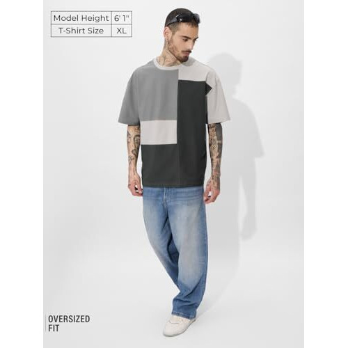 The Souled Store Colourblock Originals Shades Of Grey Oversized T-Shirt For Men Boys Cotton Casual Half Sleeves Baggy Loose Fit Drop Shoulder Round Neck
