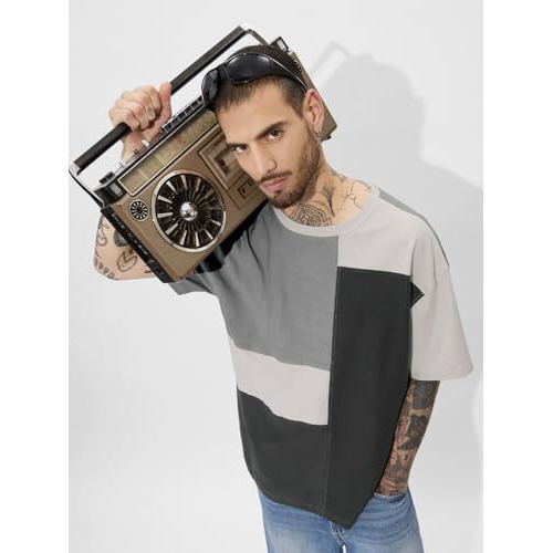 The Souled Store Colourblock Originals Shades Of Grey Oversized T-Shirt For Men Boys Cotton Casual Half Sleeves Baggy Loose Fit Drop Shoulder Round Neck