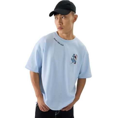 The Souled Store Official Popeye Seas The Day Men And Boys Short Sleeves Round Neck Blue Graphic Printed Cotton Oversized T-Shirts