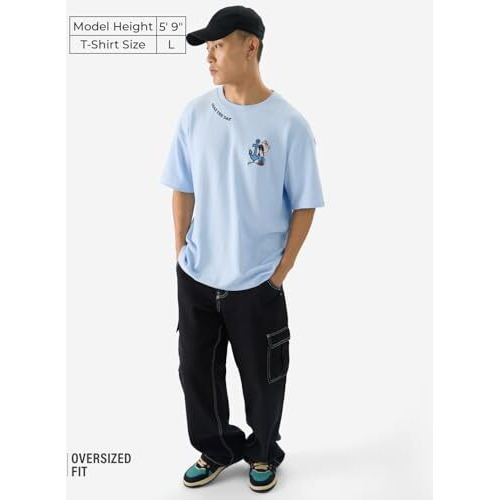 The Souled Store Official Popeye Seas The Day Men And Boys Short Sleeves Round Neck Blue Graphic Printed Cotton Oversized T-Shirts