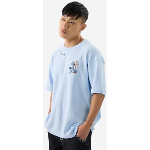 The Souled Store Official Popeye Seas The Day Men And Boys Short Sleeves Round Neck Blue Graphic Printed Cotton Oversized T-Shirts