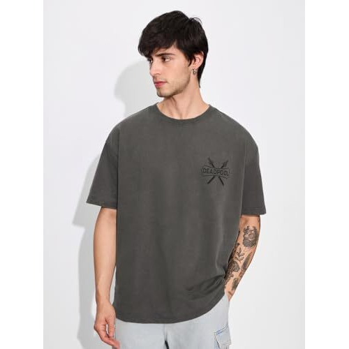 The Souled Store Official Deadpool Miss Me Men And Boys Short Sleeves Round Neck Grey Graphic Printed Cotton Oversized T-Shirts