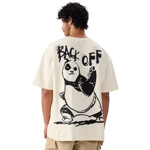 The Souled Store Official Kung Fu Panda Back Off Men And Boys Short Sleeve Round Neck Off White Graphic Printed Cotton Oversized T-Shirts