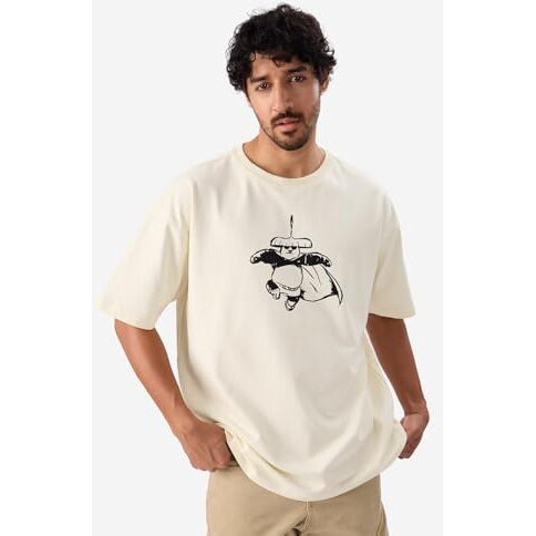 The Souled Store Official Kung Fu Panda Back Off Men And Boys Short Sleeve Round Neck Off White Graphic Printed Cotton Oversized T-Shirts