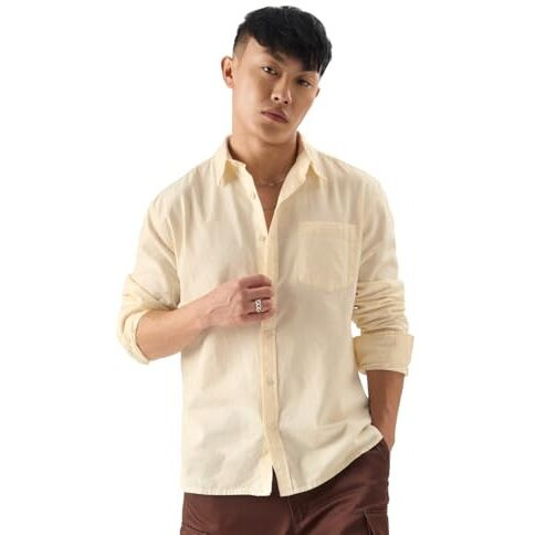 The Souled Store Cotton Linen Off-White Men And Boys Collared Neck Long Sleeve Regular Fit Cotton Linen Shirts Solid Shirts Casual Button-Down Full Sleeve Casual Workwear Fashionable Stylish