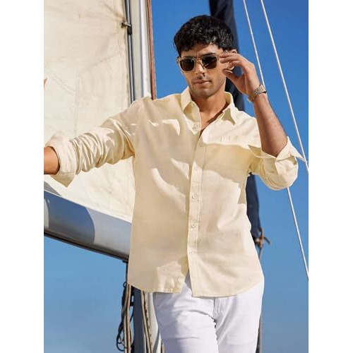 The Souled Store Cotton Linen Off-White Men And Boys Collared Neck Long Sleeve Regular Fit Cotton Linen Shirts Solid Shirts Casual Button-Down Full Sleeve Casual Workwear Fashionable Stylish