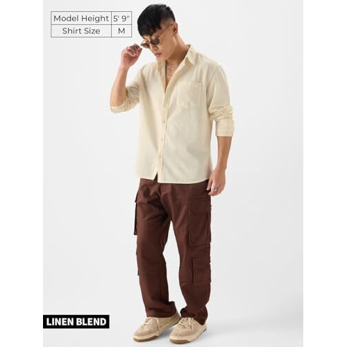 The Souled Store Cotton Linen Off-White Men And Boys Collared Neck Long Sleeve Regular Fit Cotton Linen Shirts Solid Shirts Casual Button-Down Full Sleeve Casual Workwear Fashionable Stylish