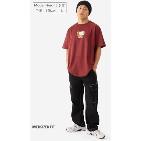 The Souled Store No Social Battery Drop Shoulder Short Sleeve Round Neck Maroon Graphic Printed Cotton Oversized Baggy T-Shirts For Men And Boys