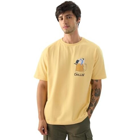 The Souled Store Explore The Unseen Men And Boys Short Sleeve Round Neck Green Embroided Cotton Oversized T-Shirts
