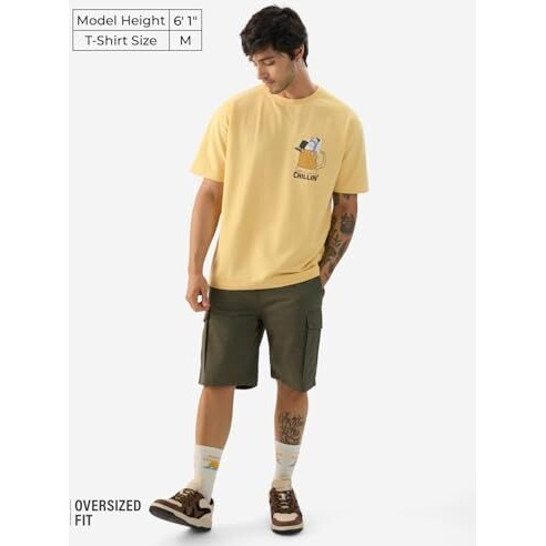 The Souled Store Explore The Unseen Men And Boys Short Sleeve Round Neck Green Embroided Cotton Oversized T-Shirts