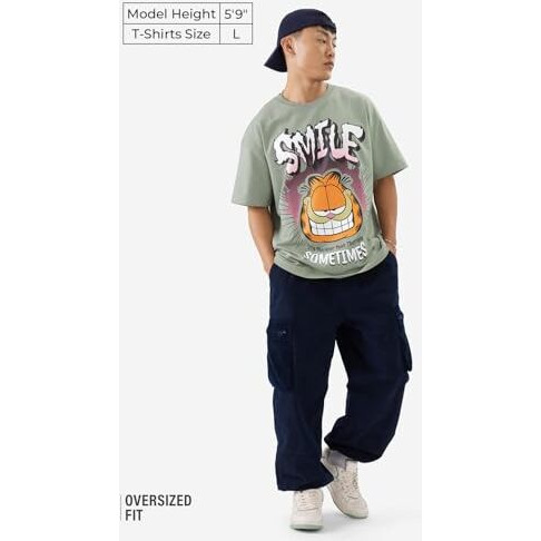 The Souled Store Official Garfield Smile Men And Boys Short Sleeve Green Cotton Oversize Fit T-Shirt