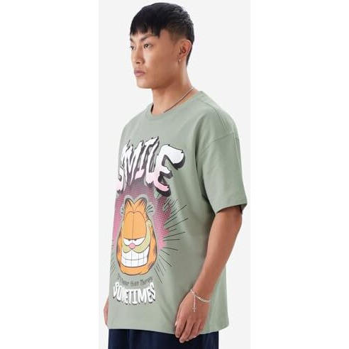 The Souled Store Official Garfield Smile Men And Boys Short Sleeve Green Cotton Oversize Fit T-Shirt