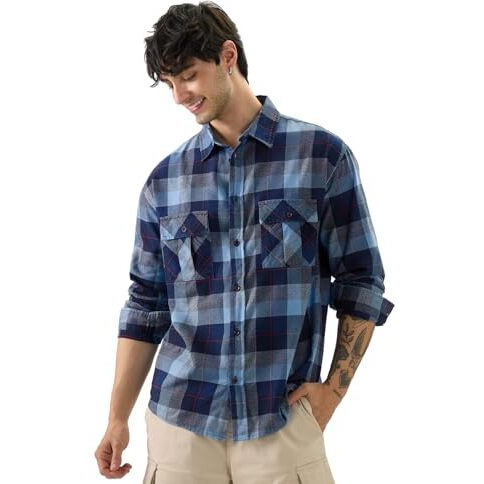 The Souled Store Plaid Indigo Blue Men And Boys Long Sleeve Collared Neck Button Front Cotton Relaxed Fit Shirts