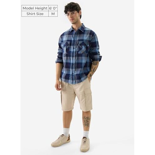 The Souled Store Plaid Indigo Blue Men And Boys Long Sleeve Collared Neck Button Front Cotton Relaxed Fit Shirts