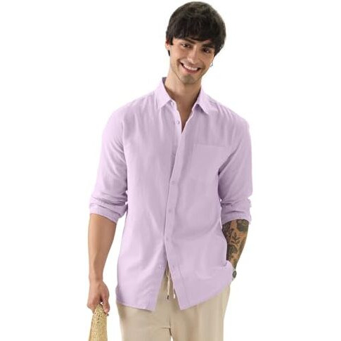 The Souled Store Orchid Purple Men And Boys Long Sleeves Collared Neck Button Front Regular Fit Cotton Linen Shirts