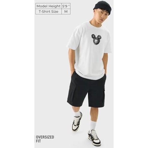The Souled Store Official Mickey Mouse Yo Men & Boys Short Sleeve Round Crew Neck White Graphic Printed Cotton Oversized T-Shirts
