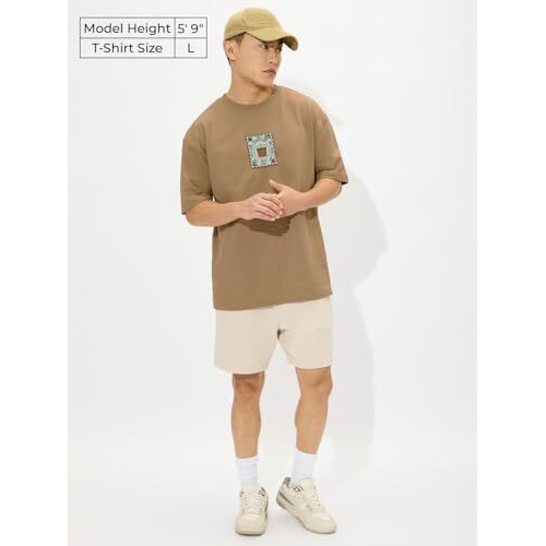 The Souled Store Chai Stamp Men And Boys Short Sleeves Round Neck Brown Graphic Printed Cotton Oversized T-Shirts