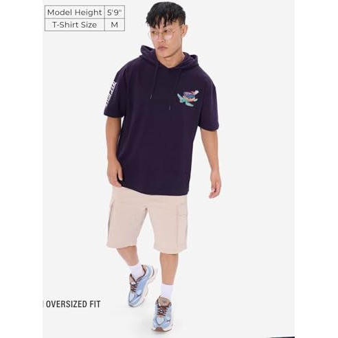 The Souled Store Deep Diver Ii Men And Boys Short Sleeves Purple Graphic Printed Cotton Oversized Hooded T-Shirts