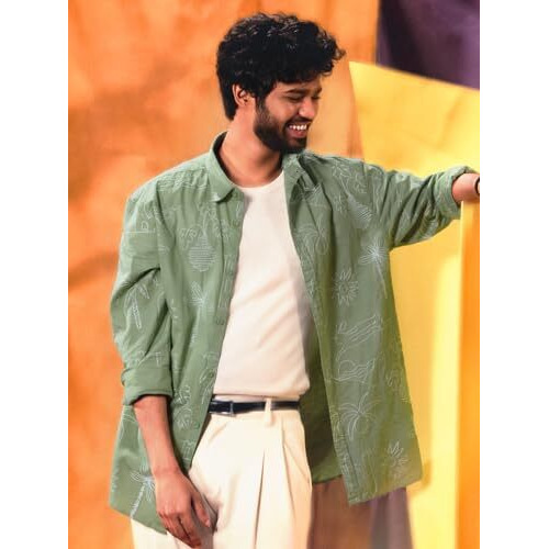 The Souled Store Summer Vibe Men And Boys Long Sleeves Collared Neck Button Front Green Embroidered Regular Fit Cotton Linen Shirts