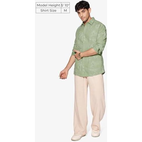 The Souled Store Summer Vibe Men And Boys Long Sleeves Collared Neck Button Front Green Embroidered Regular Fit Cotton Linen Shirts