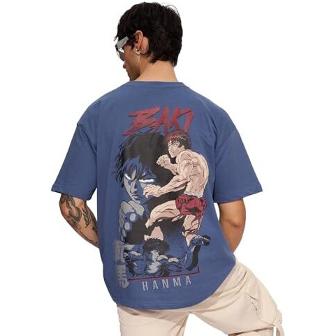 The Souled Store Official Baki Hanma The Strongest Men And Boys Short Sleeves Round Neck Blue Graphic Printed Cotton Oversized T-Shirts