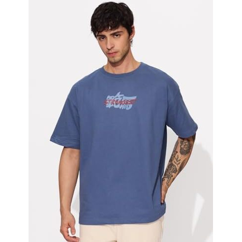 The Souled Store Official Baki Hanma The Strongest Men And Boys Short Sleeves Round Neck Blue Graphic Printed Cotton Oversized T-Shirts