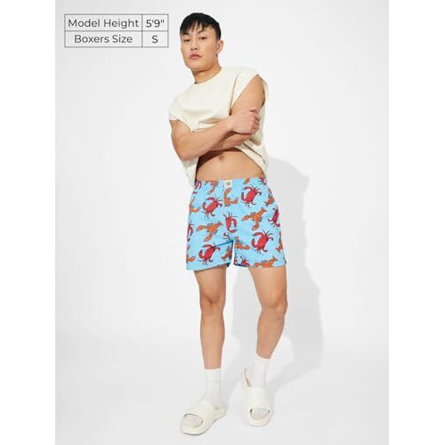 The Souled Store Get Crabby Men And Boys Elasticated Blue All Over Printed Cotton Boxer Shorts