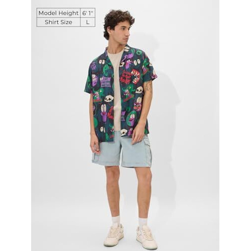 The Souled Store Courage Creepy Stuff Happens Men And Boys Short Sleeves Collared Neck Button Front Purple All Over Printed Rayon Blend Holiday Shirts
