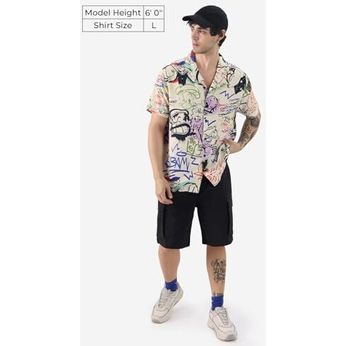 The Souled Store Official Popeye Graffiti Men And Boys Short Sleeves Collared Neck Button Front Multicolor All Over Printed Rayon Holiday Shirts