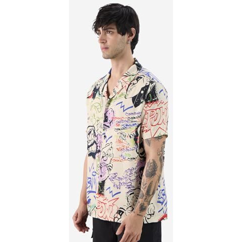 The Souled Store Official Popeye Graffiti Men And Boys Short Sleeves Collared Neck Button Front Multicolor All Over Printed Rayon Holiday Shirts
