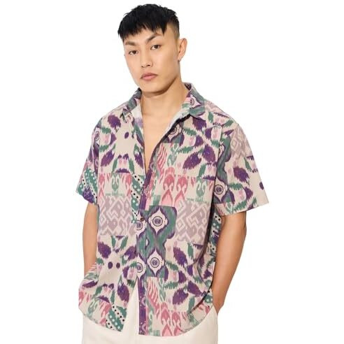 The Souled Store Ikat Soul Mens And Boys Short Sleeves Collared Neck Button Front Multicolor All Over Printed Rayon Regular Fit Holiday Shirts