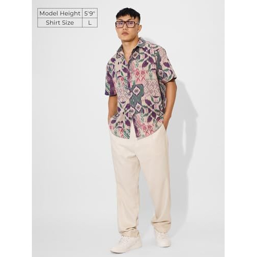 The Souled Store Ikat Soul Mens And Boys Short Sleeves Collared Neck Button Front Multicolor All Over Printed Rayon Regular Fit Holiday Shirts