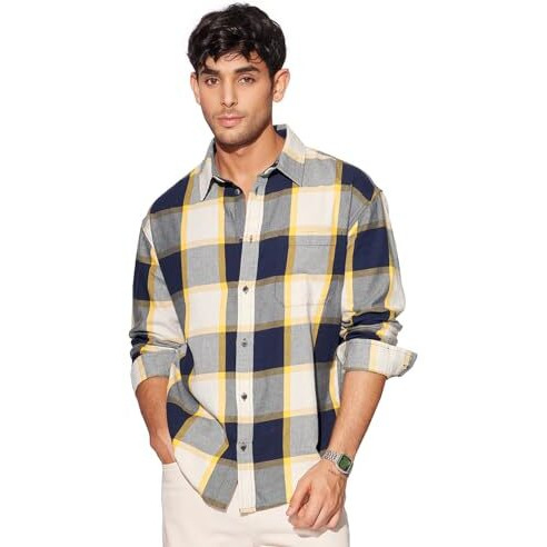 The Souled Store Plaid Navy, Beige Men And Boys Long Sleeves Collared Neck Button Front Cotton Relaxed Fit Shirts