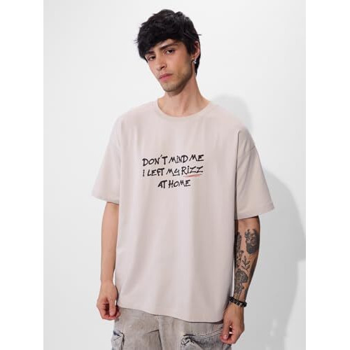 The Souled Store Left My Rizz Oversized T-Shirt For Men Boys Cotton Casual Half Sleeves Baggy Loose Fit Drop Shoulder Round Neck Grey
