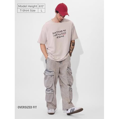 The Souled Store Left My Rizz Oversized T-Shirt For Men Boys Cotton Casual Half Sleeves Baggy Loose Fit Drop Shoulder Round Neck Grey