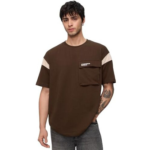 The Souled Store Utility T-Shirt Mocha Men And Boys Short Sleeves Round Neck Brown Solid Cotton Oversized T-Shirts