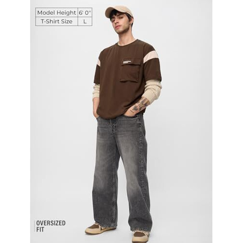 The Souled Store Utility T-Shirt Mocha Men And Boys Short Sleeves Round Neck Brown Solid Cotton Oversized T-Shirts