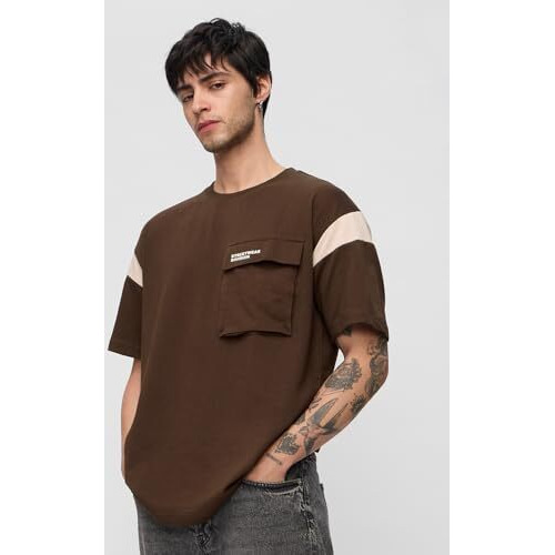 The Souled Store Utility T-Shirt Mocha Men And Boys Short Sleeves Round Neck Brown Solid Cotton Oversized T-Shirts