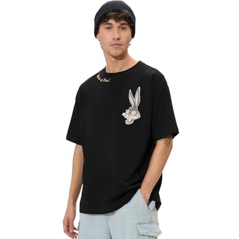 The Souled Store Bugs Bunny What's Up Doc Men And Boys Short Sleeves Round Neck Black Graphic Printed Cotton Oversized T-Shirts
