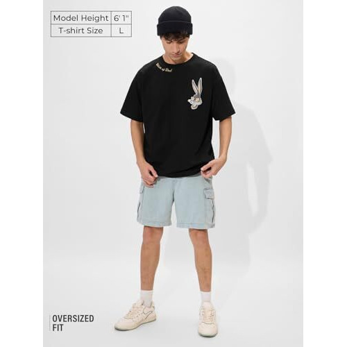 The Souled Store Bugs Bunny What's Up Doc Men And Boys Short Sleeves Round Neck Black Graphic Printed Cotton Oversized T-Shirts