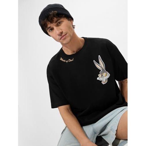 The Souled Store Bugs Bunny What's Up Doc Men And Boys Short Sleeves Round Neck Black Graphic Printed Cotton Oversized T-Shirts