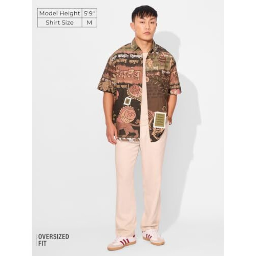 The Souled Store Panchatantra Men And Boys Short Sleeves Collared Neck Brown All Over Printed Cotton Oversized Shirts