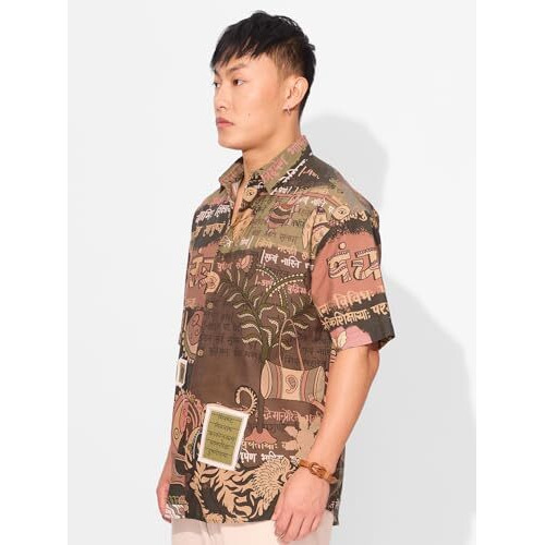The Souled Store Panchatantra Men And Boys Short Sleeves Collared Neck Brown All Over Printed Cotton Oversized Shirts