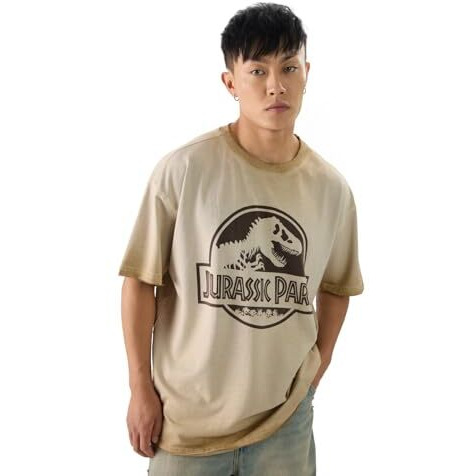 The Souled Store Official Jurassic Park Logo Men And Boys Short Sleeves Round Neck Beige Graphic Printed Cotton Oversized T-Shirts